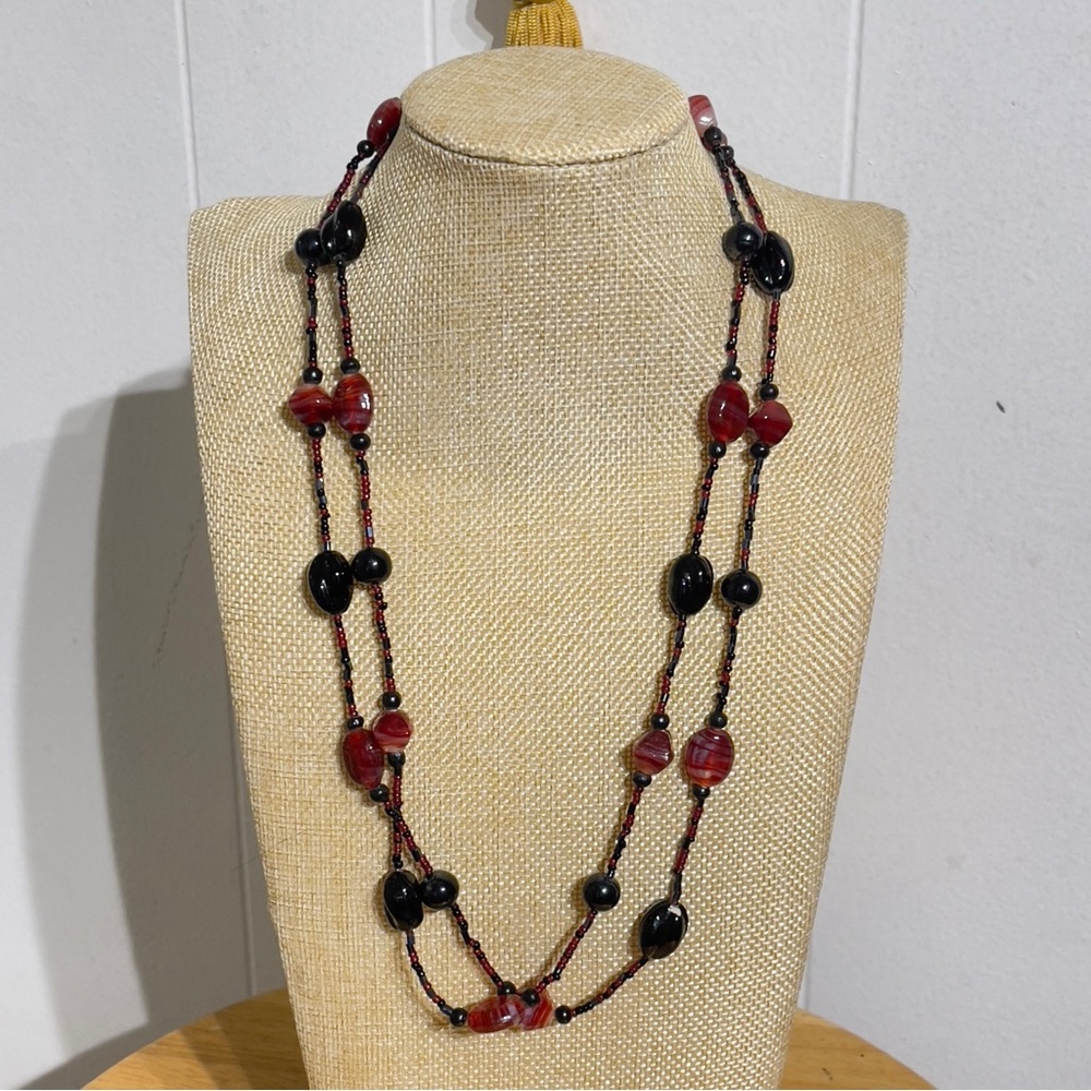 Long Red & Black Beaded Necklace